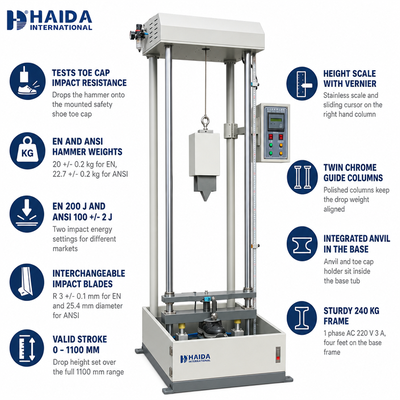 HAIDA Güvenlik Ayakkabı Darbe Test Cihazı Burun Kapak Darbe Direnci Test Makinesi EN ANSI Standardı Ayakkabı Test Ekipmanları