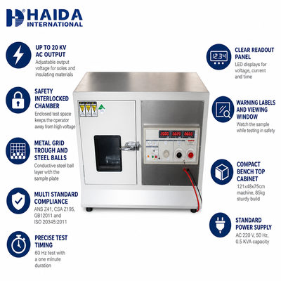 HAIDA Ayakkabı Dayanım Voltaj Test Cihazı Ayakkabı Tabanı İzolasyon Voltaj Test Makinesi ISO 20345 Ayakkabı Test Ekipmanları