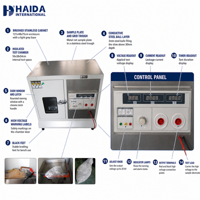 HAIDA Ayakkabı Dayanım Voltaj Test Cihazı Ayakkabı Tabanı İzolasyon Voltaj Test Makinesi ISO 20345 Ayakkabı Test Ekipmanları